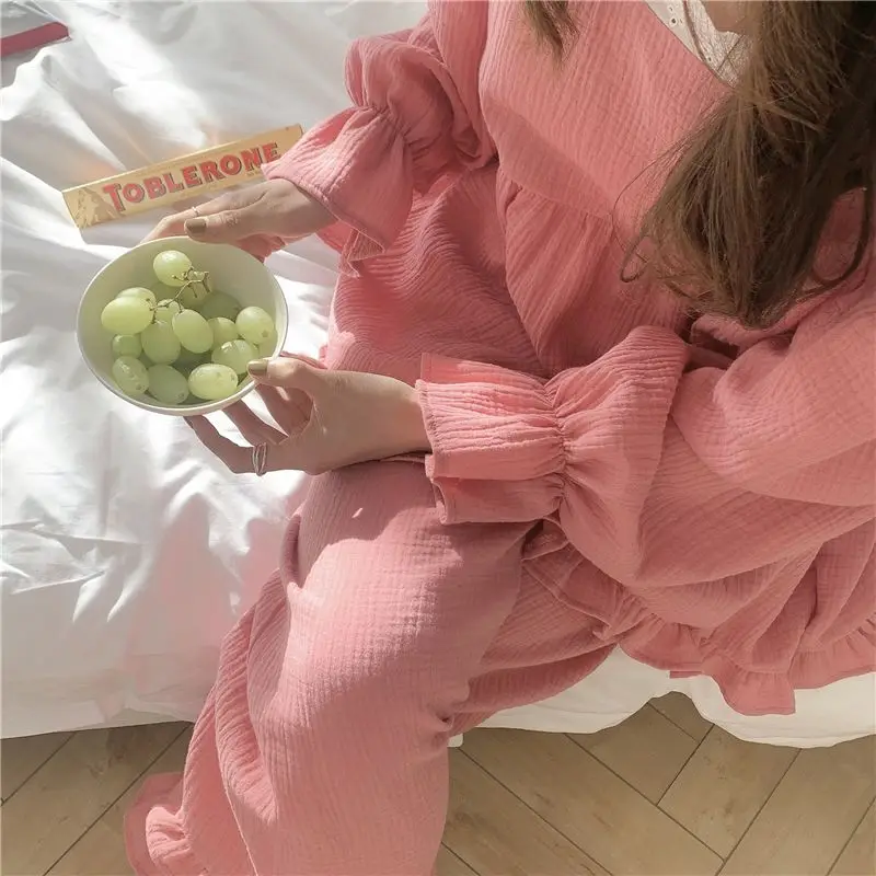 Pajama Sets Women Solid Ruffles Creativity Lovely Age-reducing All-match Korean Style Leisure Trendy Simple Home Prevalent Lace