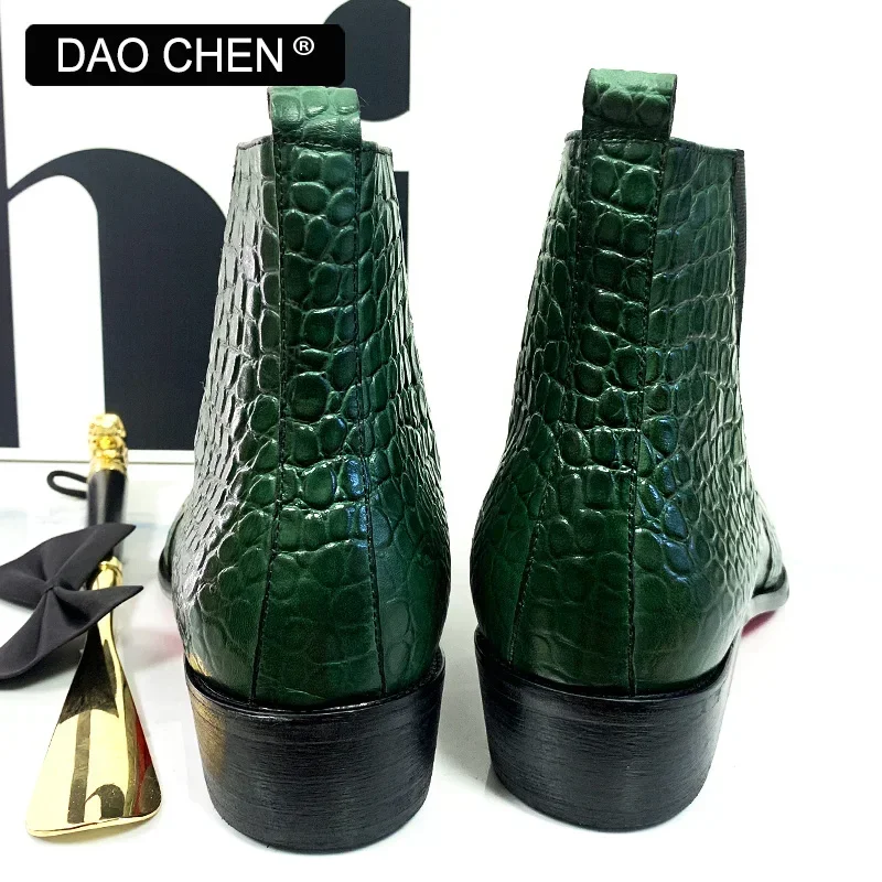 LUXURY BRAND MEN\'S BOOTS GREEN BLACK CROCODILE PRINT ANKLE BOOTS CASUAL DRESS MEN SHOES OFFICE WEDDING LEATHER BOOTS MEN