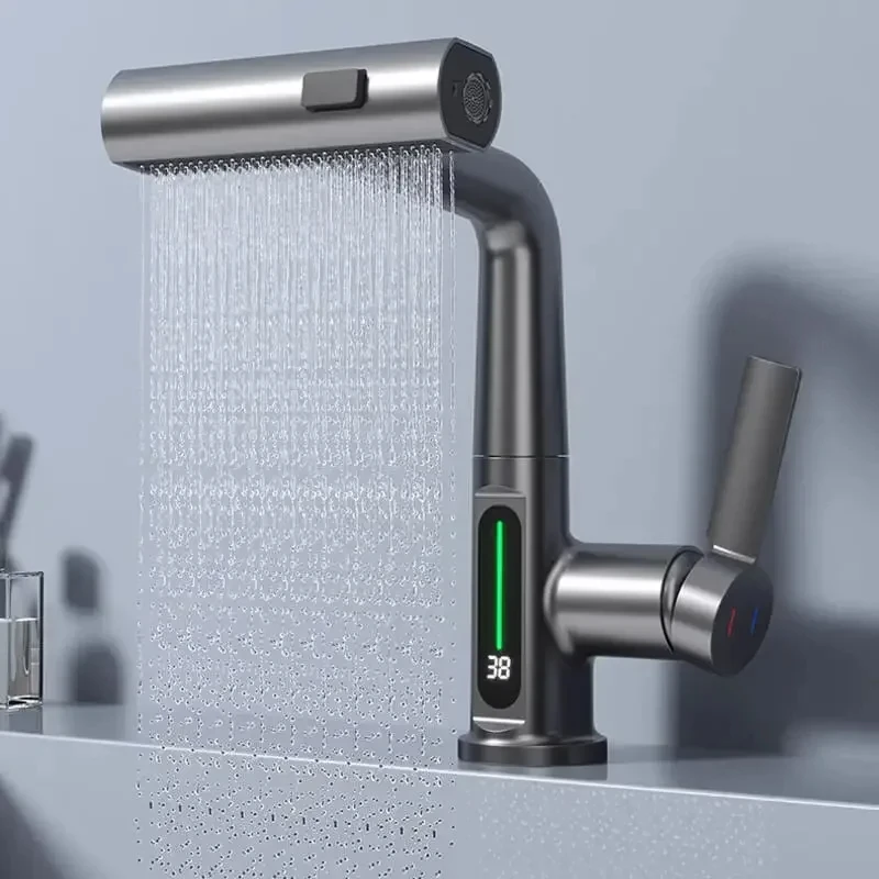 Grifo de lavabo con pantalla Digital de temperatura en cascada, rociador de agua fría y caliente, mezclador de agua para Baño