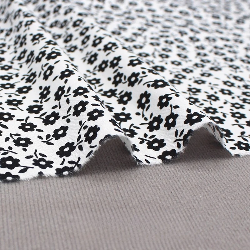 140x50cm Black and White Pastoral Style Pure Cotton Small Floral Fabric Full Cotton Printed Plain for Clothing Dresses Tops