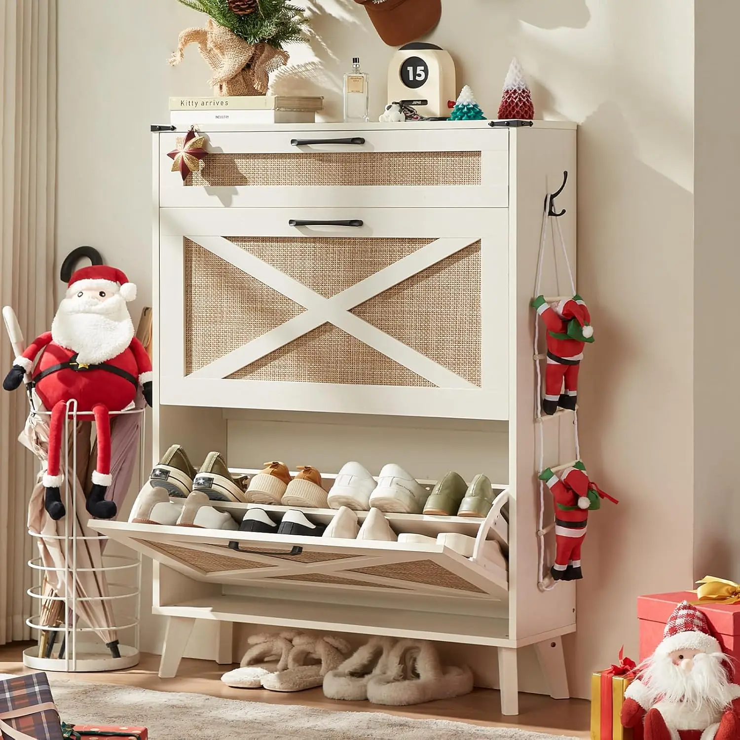 

2 Rattan Flip Drawers Narrow Shoe Cabinet Entryway Hidden Slim Storage Rack Large Wood Legs Hallway Off White Customized