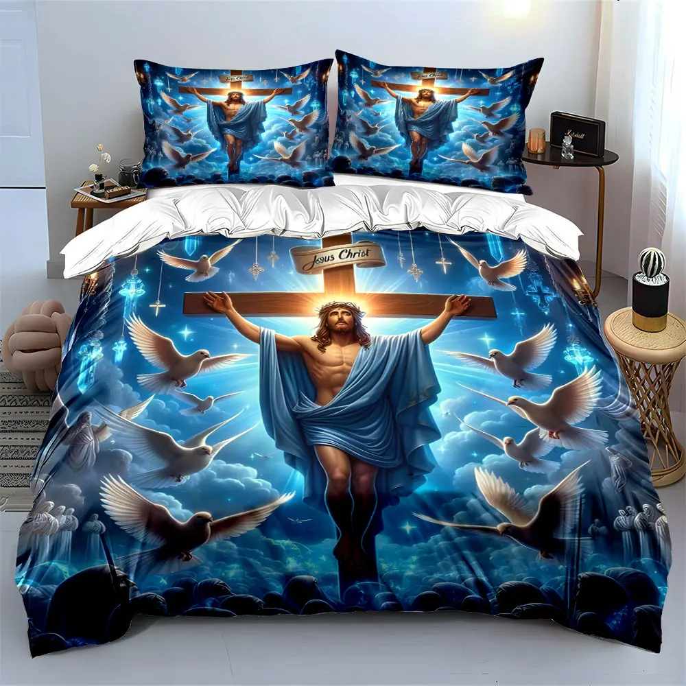 Cross surrounded by doves and blue light Print Soft Comfortable Duvet Cover Bedding Set Included 1*Duvet Cover  2*Pillowcases