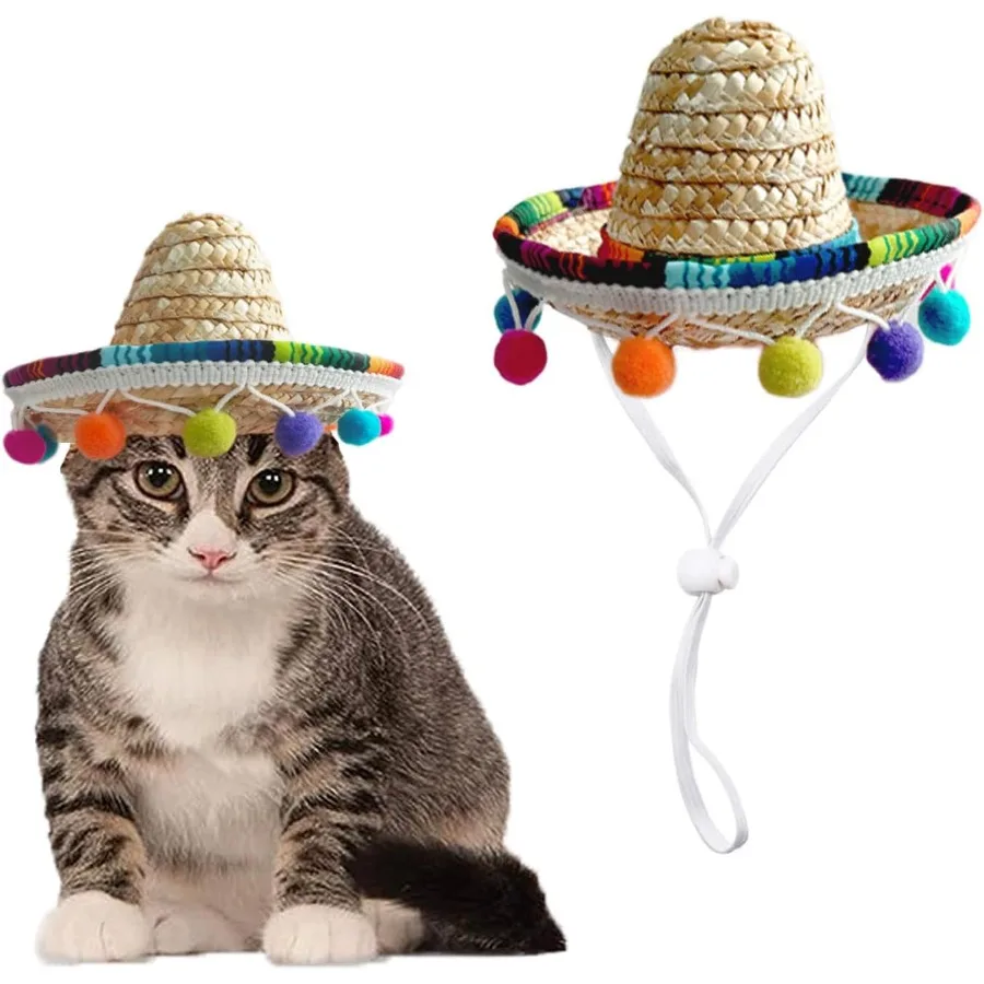 

Кошачье сомбреро, шляпы для кошек, соломенная кепка для домашних животных, шляпа для кошек, щенков, маленьких собак, вечеринки, дня рождения, разноцветная