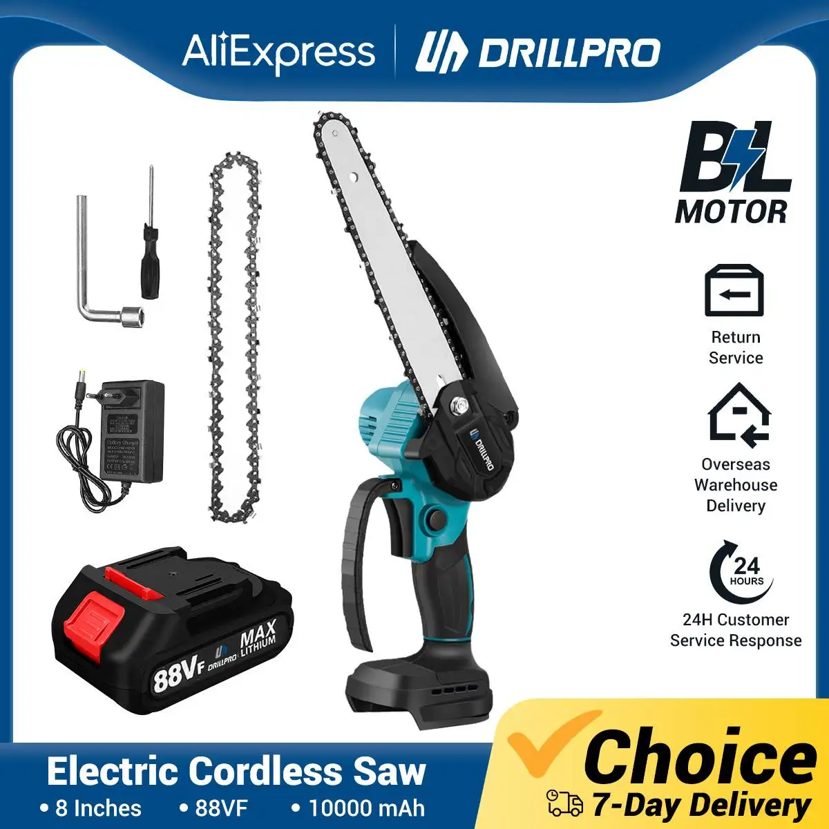 Drillpro-Mini Handheld Brushless Serra Elétrica, Poda Motosserra, Madeira Serra Elétrica, Corte Power Tool, Bateria 18V, 8\