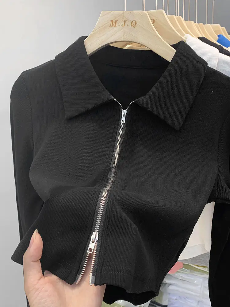 سترة نسائية محبوكة بياقة بولو وسحاب مزدوج قصيرة الطول لفصلي الربيع والخريف بتصميم عصري على الطراز الكوري ضيقة بلون واحد #4