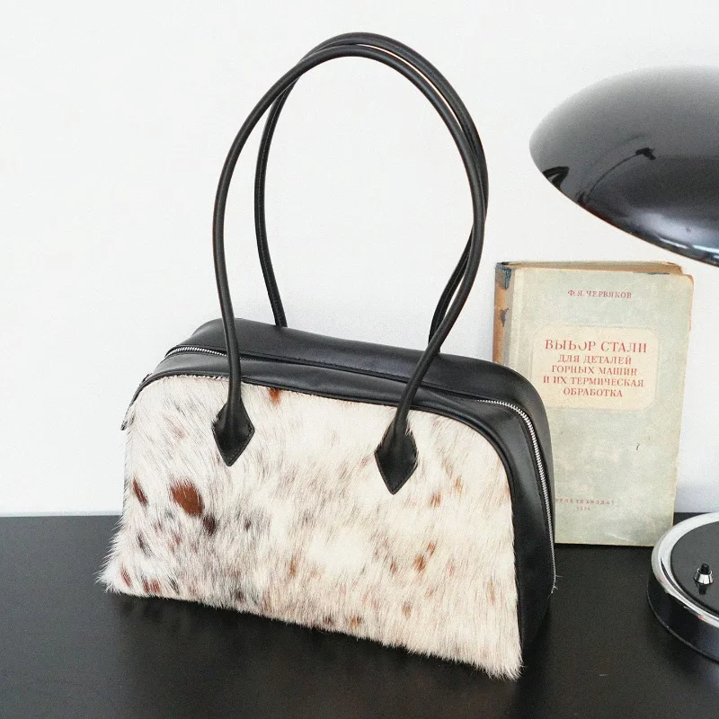 

Креативная сумка из меха молочной коровы, роскошная модная нишевая сумка из натуральной кожи в стиле пэчворк, сумка на плечо с двойной молнией, большая вместительная сумка