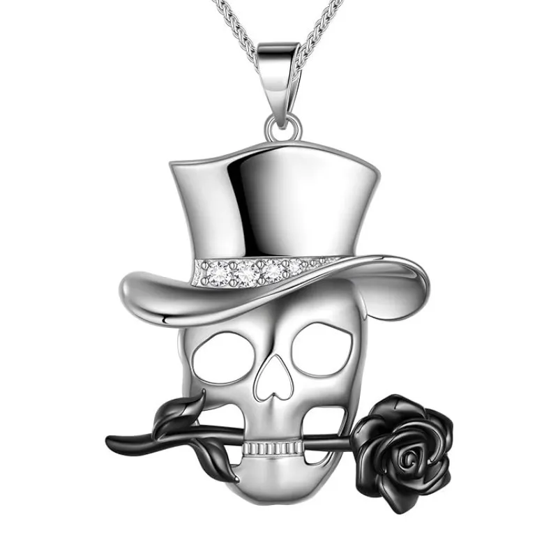 European and American Silver Zircon Magician Skull Black Rose Pendant Necklace Men's Halloween Joyful Atmosphere Party Necklace