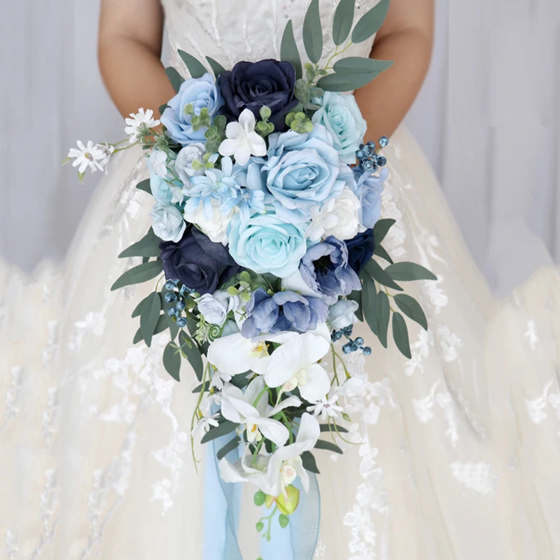 

Blue Cascading Bride Bouquet Waterfall Wedding Flower Rose Peony Bride Bouquet for Centerpiece Wedding Ceremony Anniversary