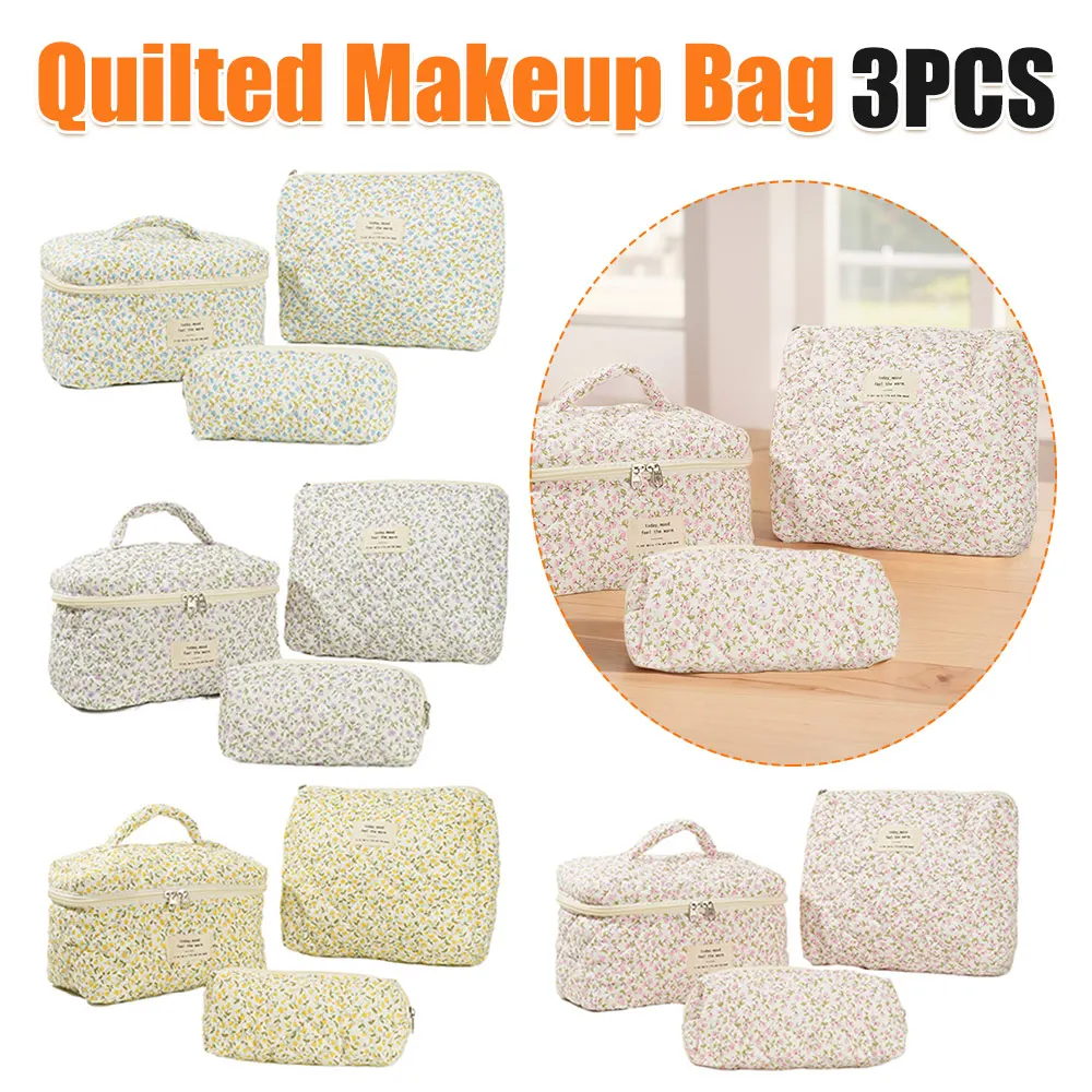 

Женская стеганая косметичка для макияжа, вместительная сумка для хранения косметики с цветочным принтом, с клатчем и пеналом, милая дорожная косметичка