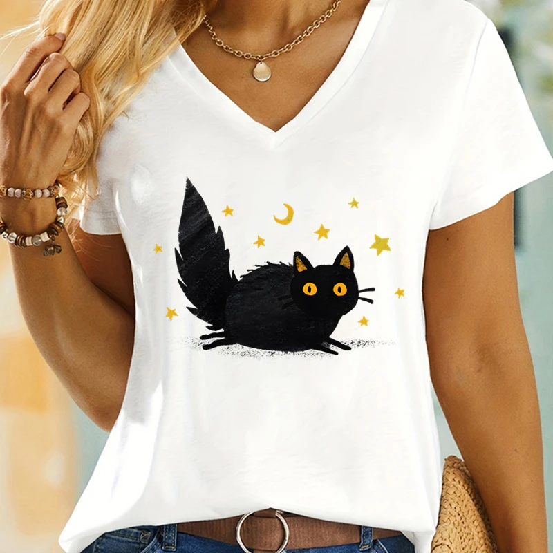 Trendy V-neck Girls Clothing Stars and Moon Cat Graphic Short Sleeve T-shirt Cat Mom Gift Fashion Summer PremiumT-shirts Female