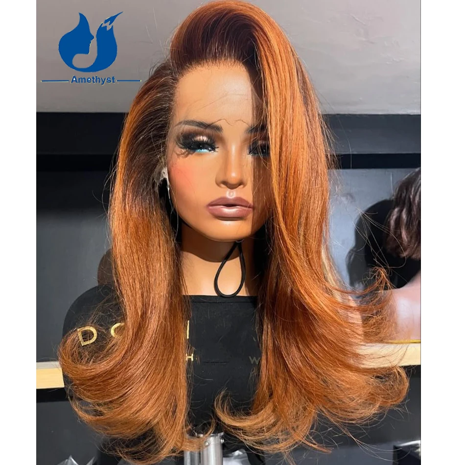 Ginger Orange Brown 13x6 Lace Front Human Hair Wig Wave with Dark Root Brazilian Remy Hair Bleached Ombre Pre Plucked for Women