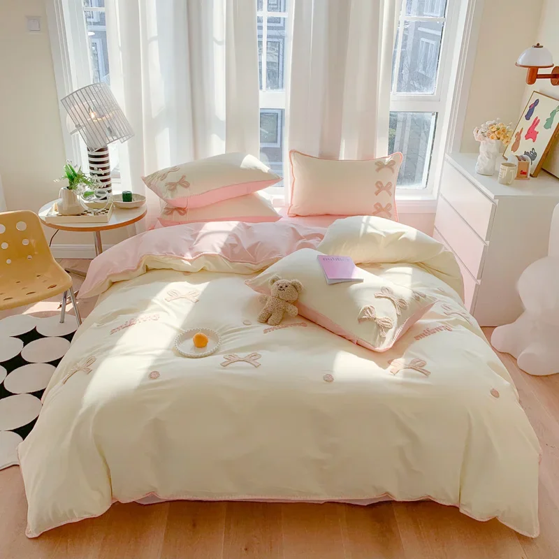 100% Cotton 3D Bow Embroidery Quilt Cover Set Soft Breathable Comfortable Bedding Set Fashion Cute All Cottons Duvet Cover Set