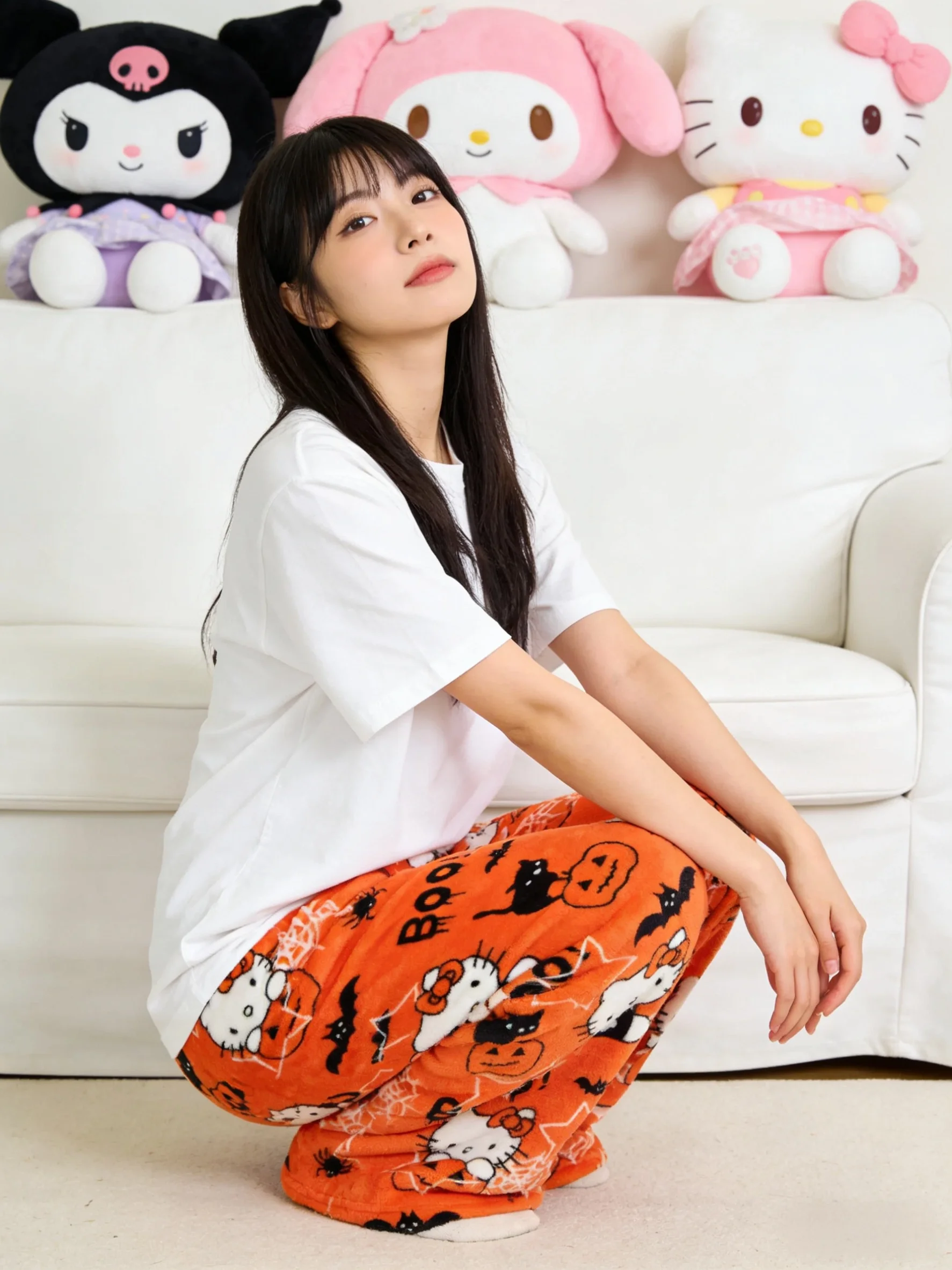 Hello Kitty Flannel Sleep Pants, Orange Warm Long Pants, Stylish Strolling Pants for Parties! Ideal Holiday Gift! view 6