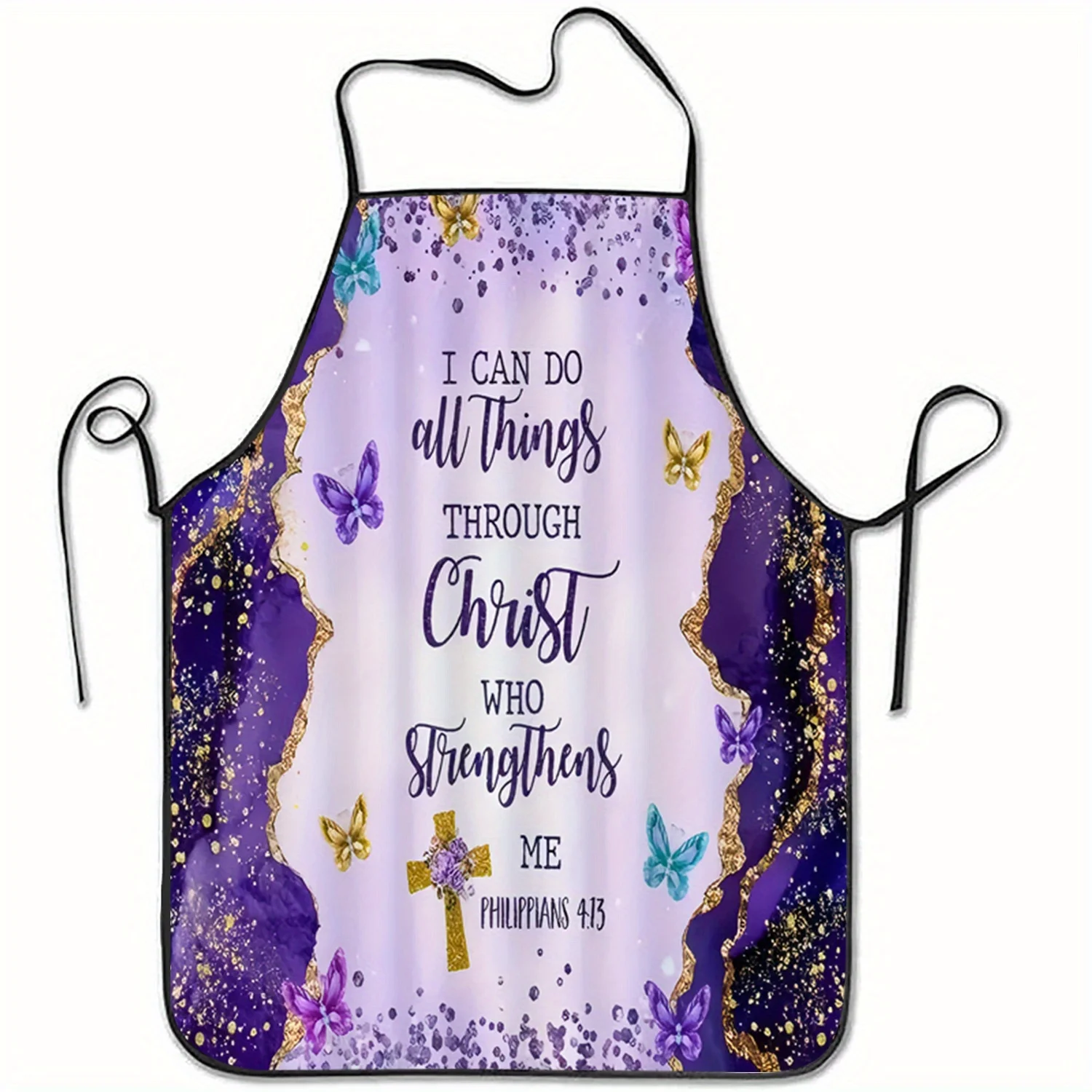 Inspirational Bible Verse Apron with Butterfly & Floral Design Things Through Christ Who Strengthens Me Purple & Golden