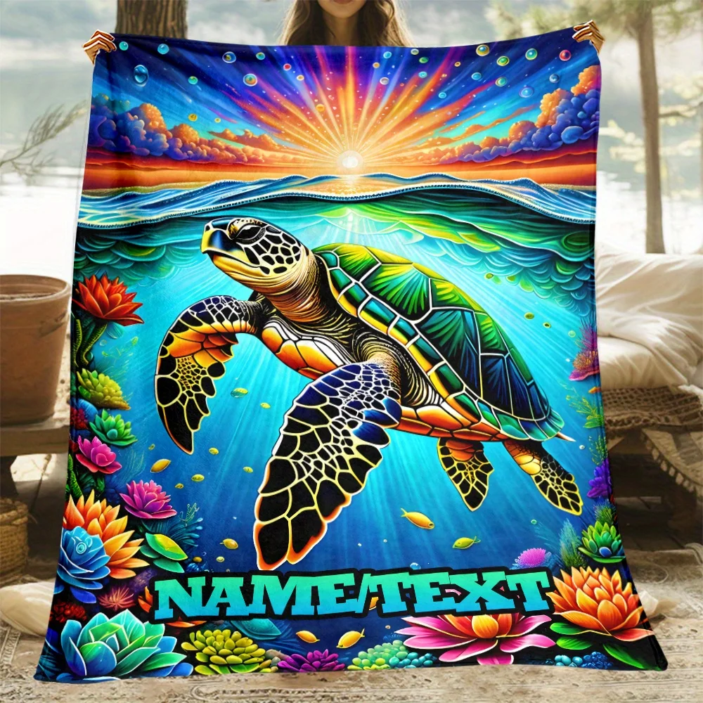 Custom Sea Turtle Blanket Ocean Sunset Design Personalized Name Fleece Throw All Season Soft Warm Bedding Home Decor Gift