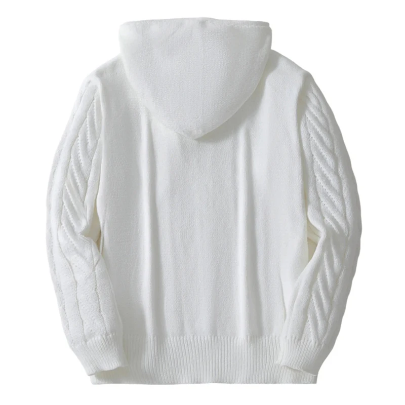Herren Weißer Kabelstrick-Hoodie Pullover Langarm mit Kordelzug Kapuze Lässiger Lockerer Schnitt Verdickter Pullover Winter-Top Streetwear Jumper – Detail 3