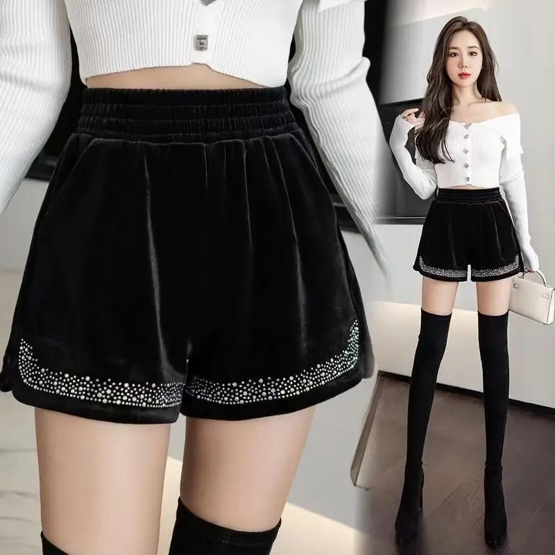 Golden Velvet Shorts for Women Spring Autumn New Elastic Waist Loose All-match Casual Wide Leg Shorts Vintage Fashion Clothing
