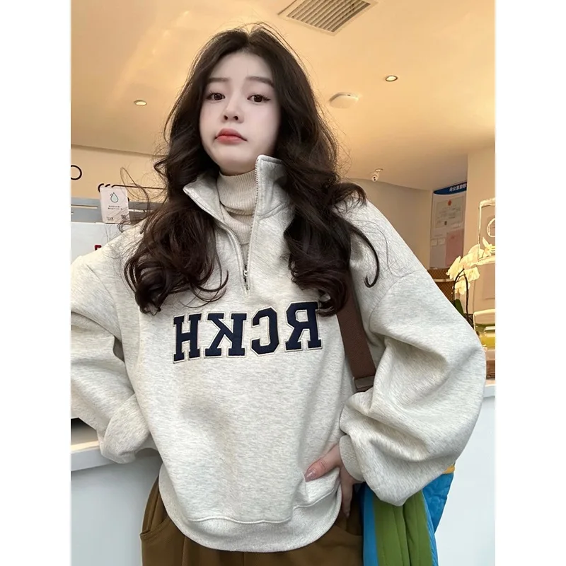 

Half Zipper Stand-up Neck Sweater Women's Spring and Autumn Thin 2025 New Loose Lazy Wind Small Short Top