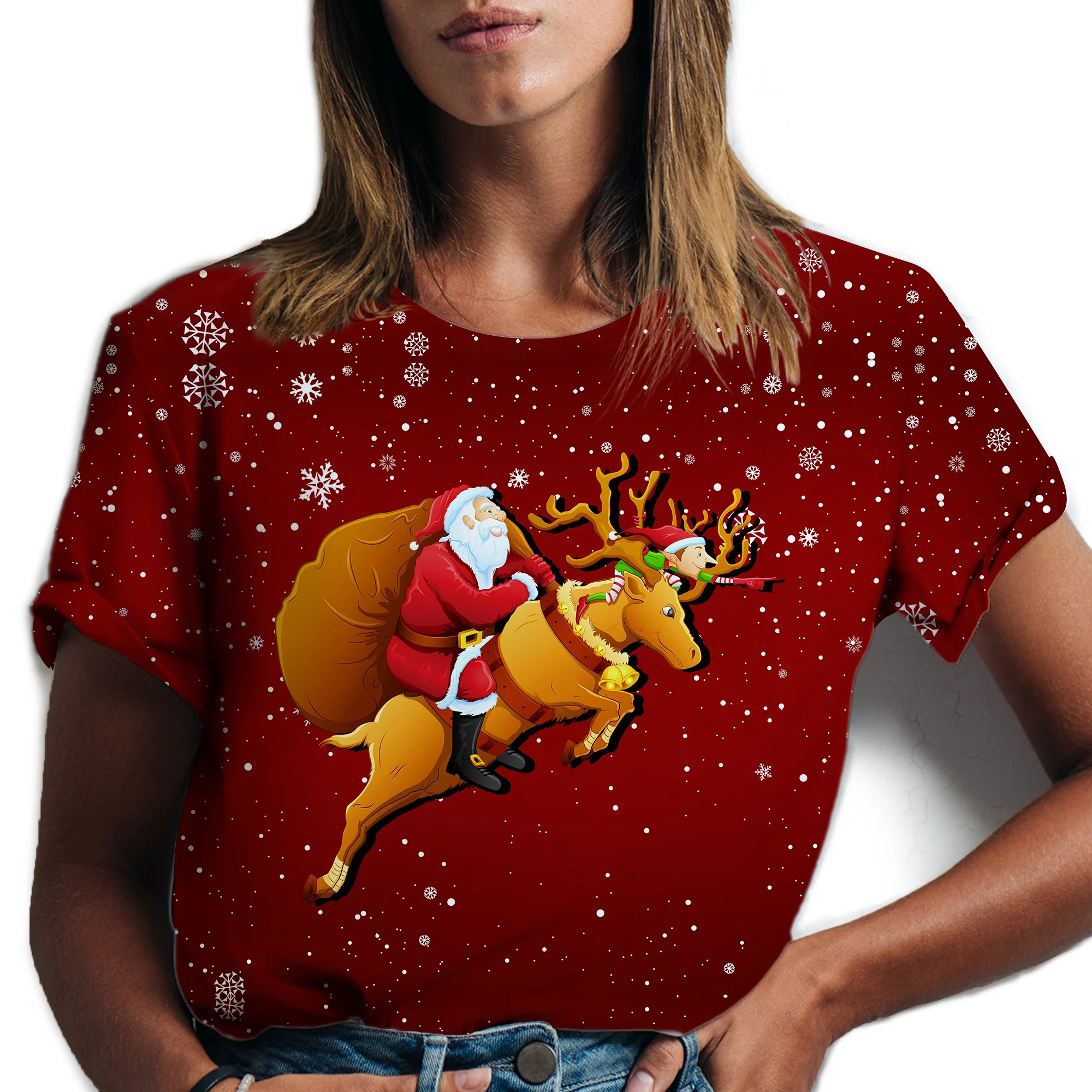 

Merry Christmas Women's T-shirt Lady Santa Claus Elk Graphic Short Sleeve O-Neck Festival Tee Woman Loose Shirt Female Clothes