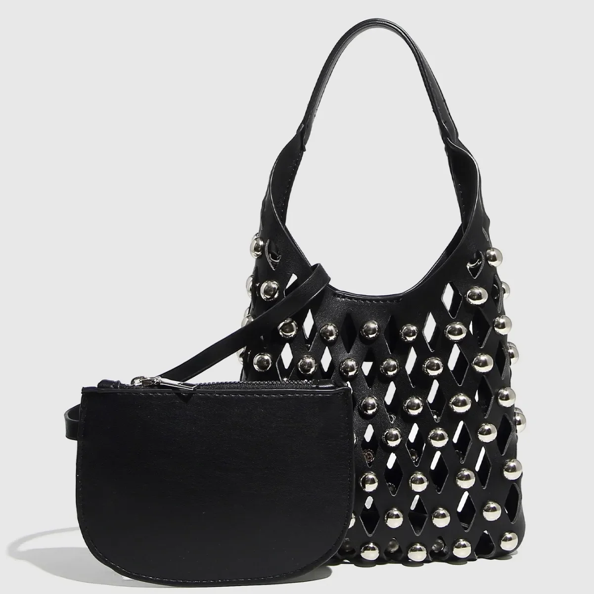 

Полая тканая женская сумка в стиле панк с заклепками, сумка через плечо из искусственной кожи, модные сумки на ремне с цепочками, женский клатч, новинка