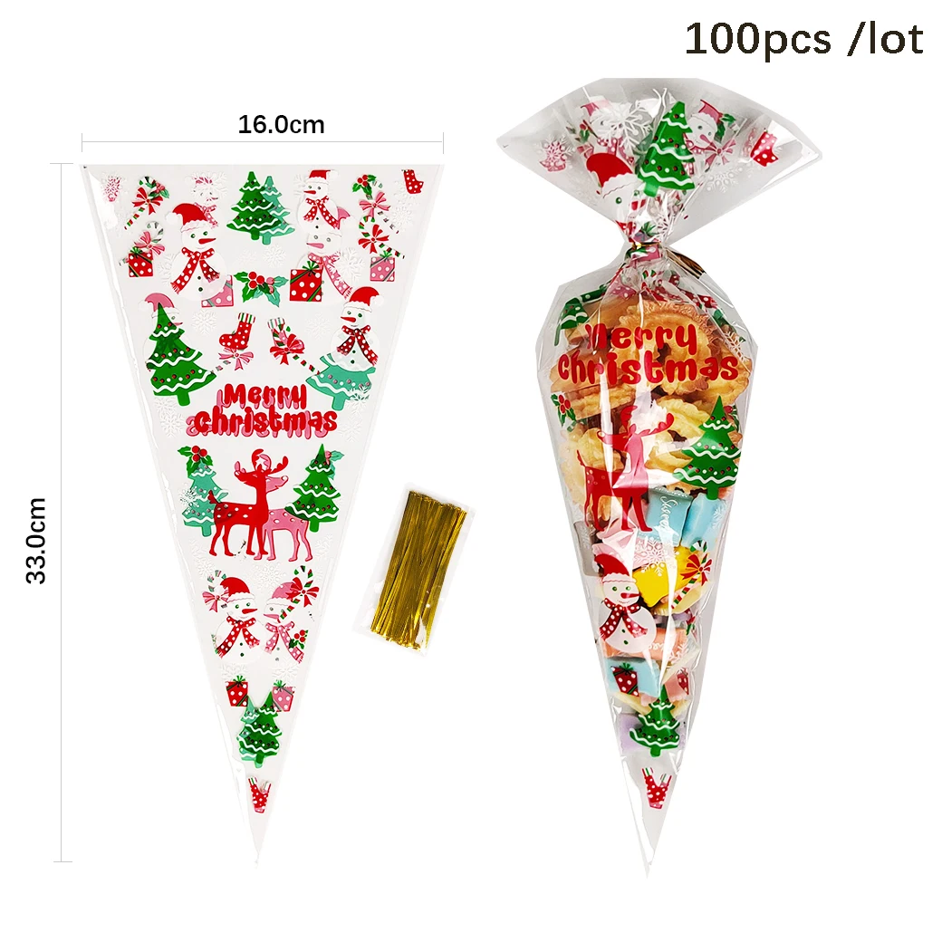 100 Stück Weihnachtsgeschenktüten Weihnachtsmann Schneeflocke Süßigkeiten Keks Kegel Tasche Kunststoff Xmax Verpackung Lieferungen Weihnachtsdekoration 2024 – Detail 5