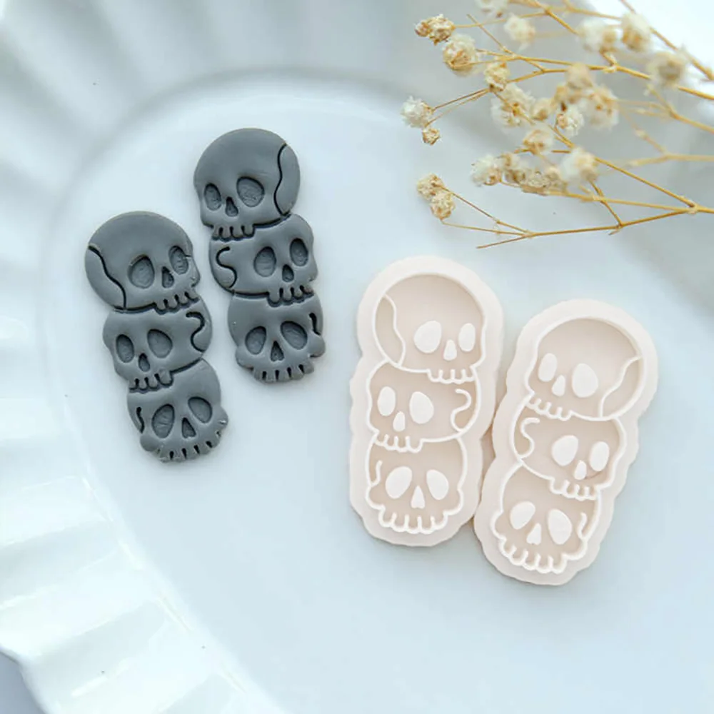 2pcs Halloween Series Skull Stack Embossed Polymer Cutters Earring Jewelry Pendant Soft Potter Clay Making Tools