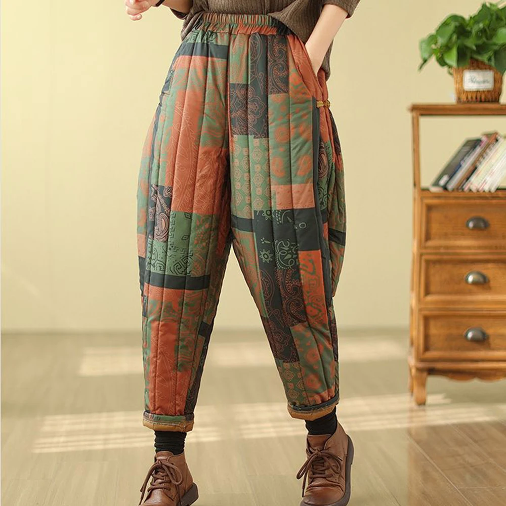 

winter 2025,new literary and retro style printing thickened Harlan pants women's fashion abstract casual wear radish pants