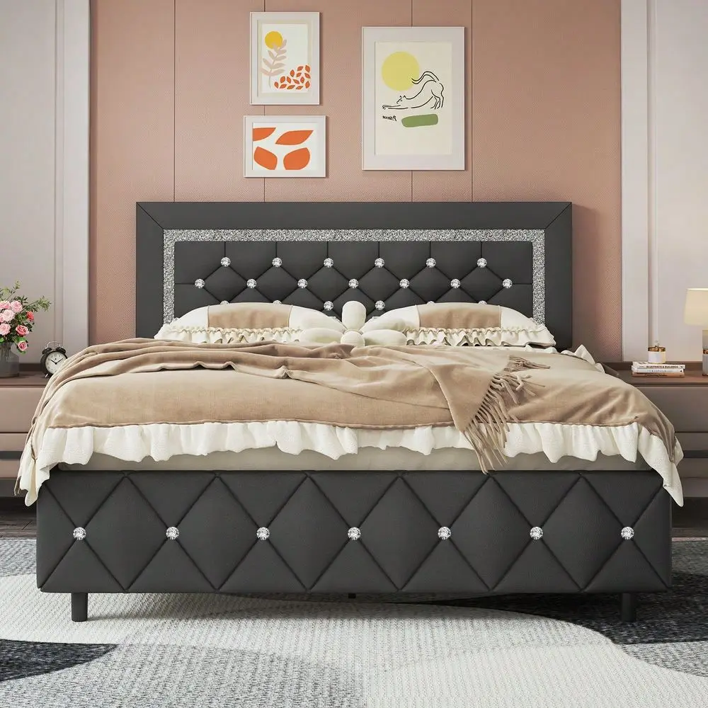 

Full Queen King Size Bed Frame, Upholstered Bed Frame With Diamond Headboard And Footboard, No Box Spring Needed, Easy Assembly,