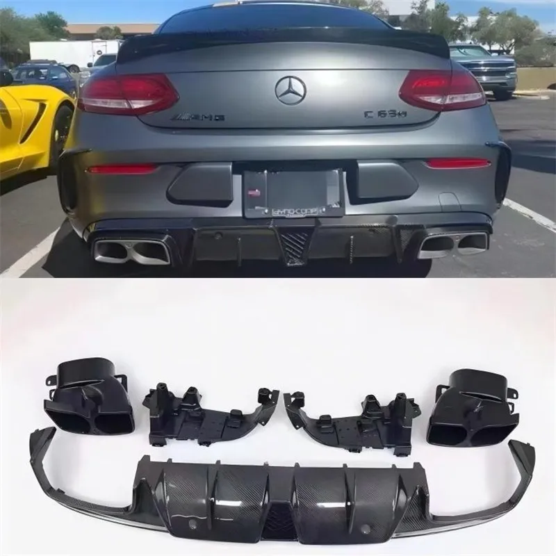 

Для Mercedes Benz C Class C200 C300 C63 Coupe W205 2014-2024 задний бампер из настоящего углеродного волокна, диффузор, выхлопной спойлер, комплект кузова