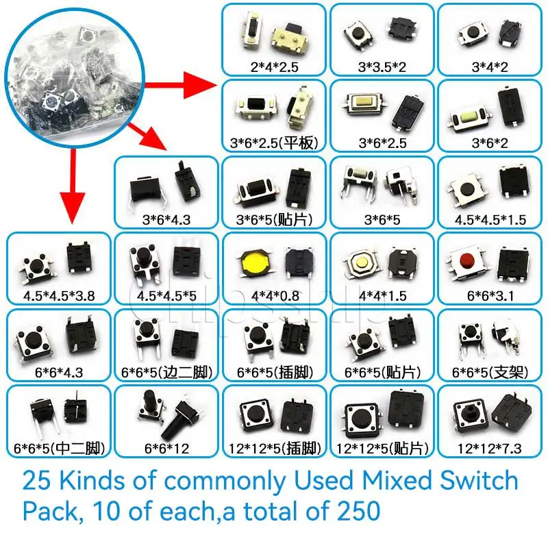 Touch Switch Package Small Button Switch Micro Switch Package 6*6*5 Switch Button Mixed 25 Kinds 7 Kinds 12 Kinds