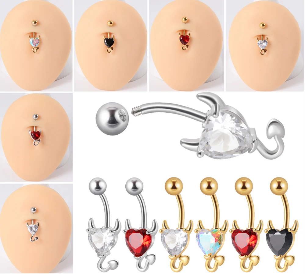 6PCS 316L Surgical Steel Heart Zircon Devil Belly Button Ring Red Crystal Navel Piercing Ring Devil Body Piercing Jewelry 14g