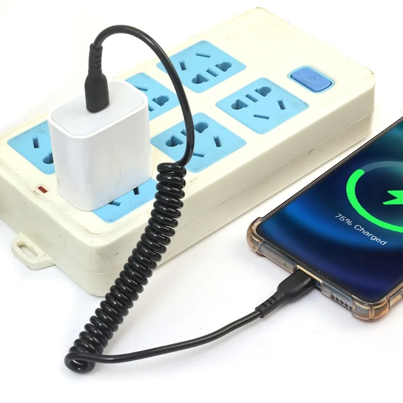 2m/1.5m/1m Dual Type C Quick Charging Retractable Data Cables USB C To Type C Coiled Spring Wire Car Charger Cord for Android