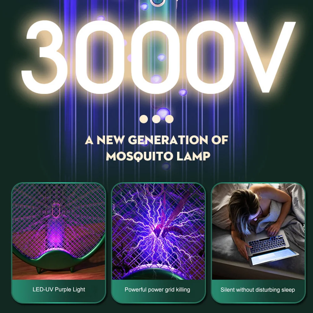 Foldable Electric Mosquito Killer Lamp Zapper 3000V USB Rechargeable Foldable Mosquito Swatter Fly Swatter Repellent Lamp