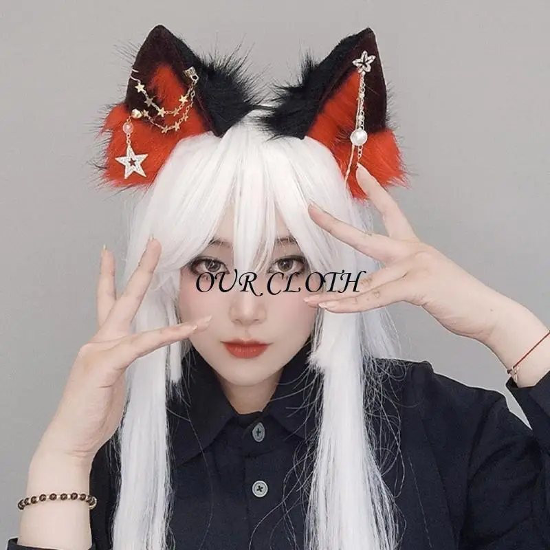 

Повязка на голову с волчьими ушками ручной работы в виде пушистого котенка и звездами для маскарада Y1AC