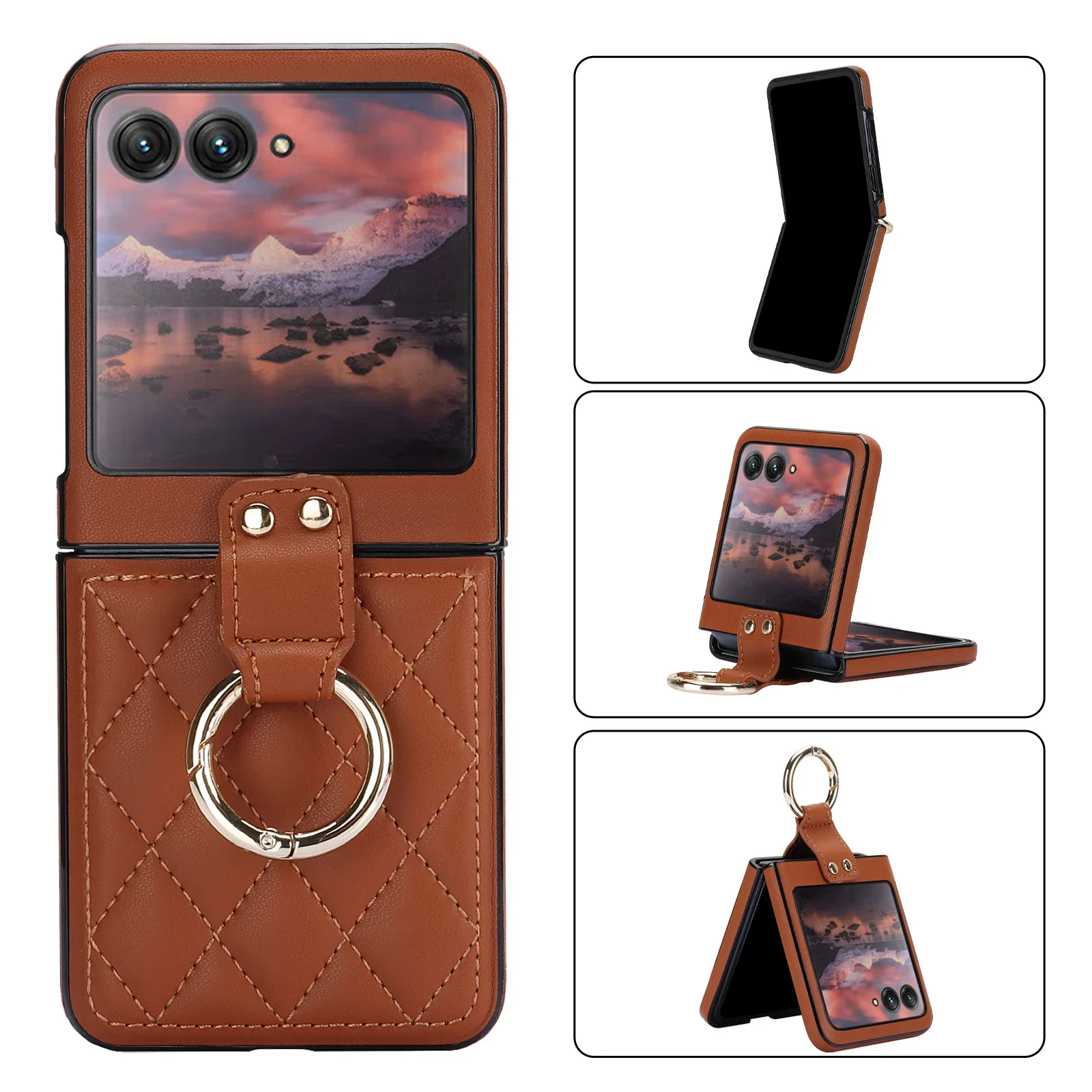 For Motorola Razr 40 Ultra Case Luxury Diamond PU Leather Finger Ring Holder Folding Protect Shockproof Hard Back Plastic Cover