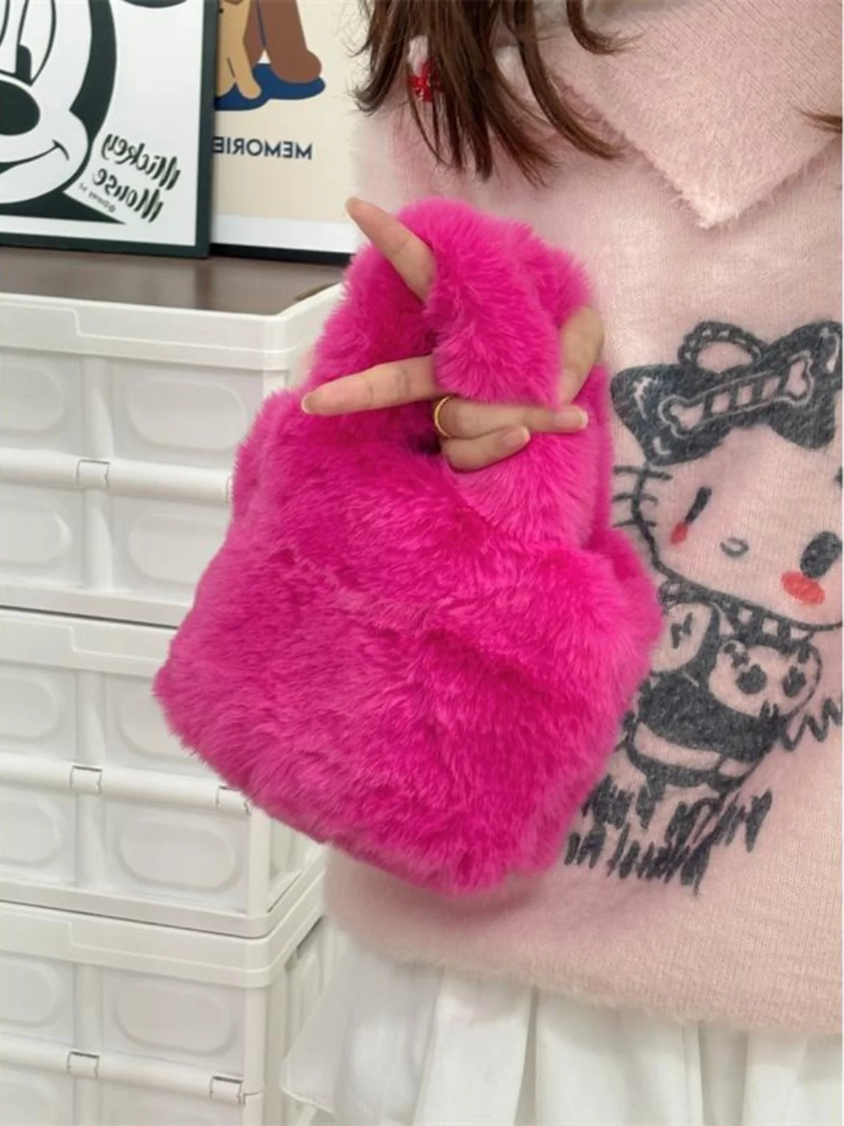 

Мягкая женская сумка-ведро в корейском стиле, новая зимняя модная розовая сумка с дизайном «Игрушечный монстр», повседневная сумка-тоут