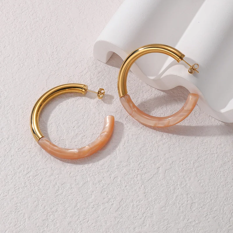 Letdiffery Fashion C-Shape Splicing Earrings For Women Sweet Pink and Gold Color Stainless steel Earrings Jewelry Birthday Gifts