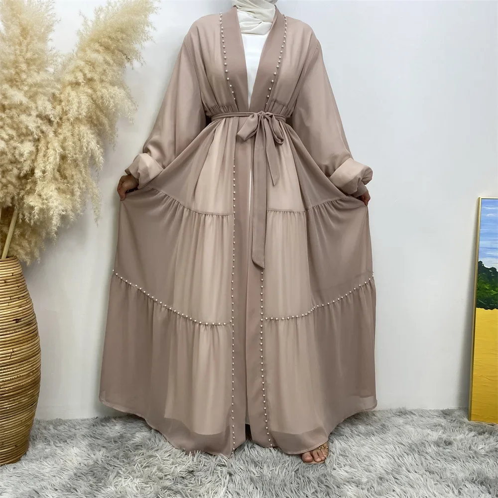 Árabe turquia médio oriente feminino solto aberto cardigan robe moda elegância cor sólida frisado muçulmano rendas chiffon cardigan robe