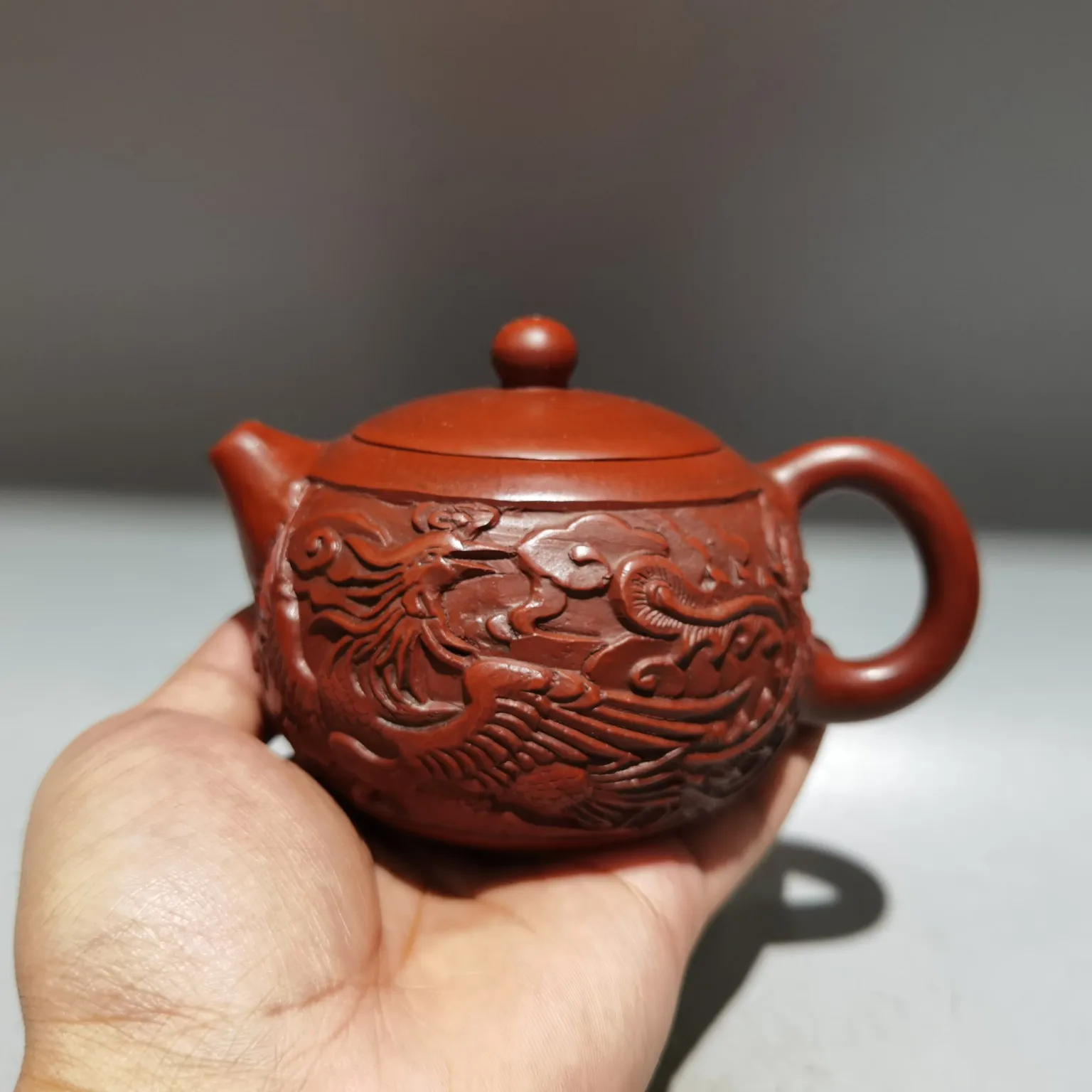

6"Chinese Yixing Purple Clay Pot High relief Phoenix patterned Xishi teapot Kettle Teapot Flagon Gather fortune Ornaments