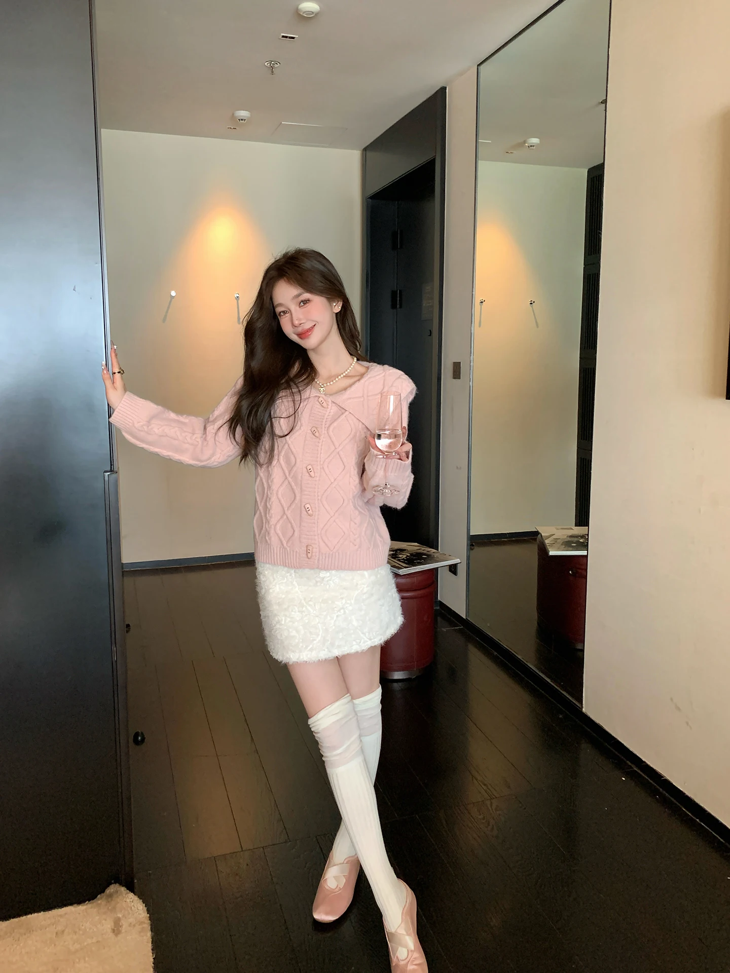 

Chen Dauyu Korean Sle Pink Knitted Sweater Coat Navy Collar Women's Autumn Winter Button up Thiened Commute Soft Pure Color