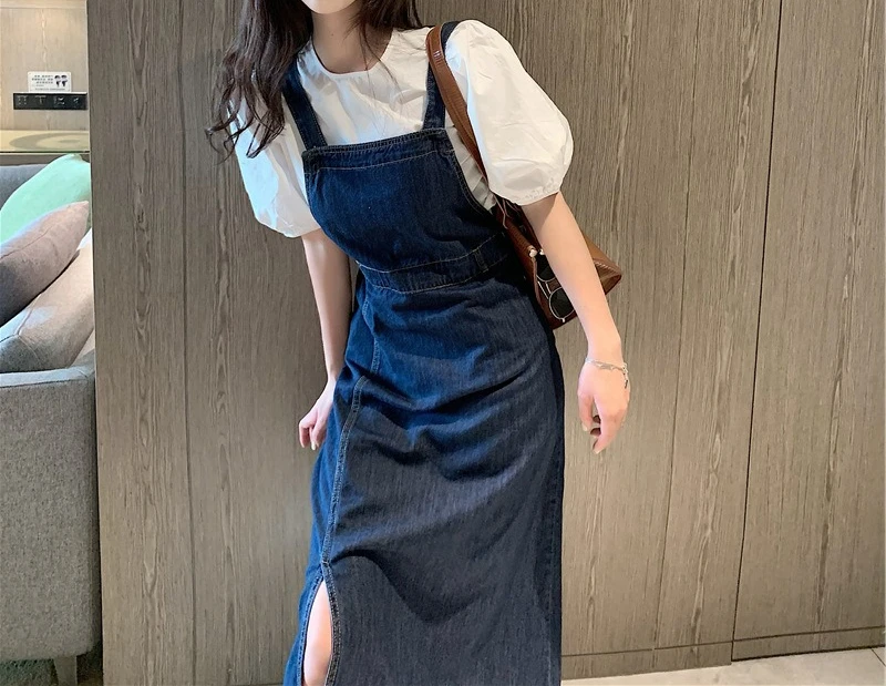 Casual Denim Strap Skirt Versatile Thin Summer Fashion Side Split Dress Design Sense Long Dress Women