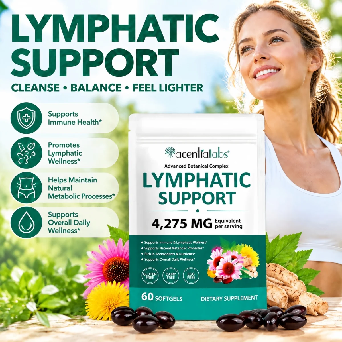 Acetiallabs Lymphatic Drainage Softgels Support Lymphatic Health Anti Fatigue Provide Energy Antioxidant Promote Metabolism