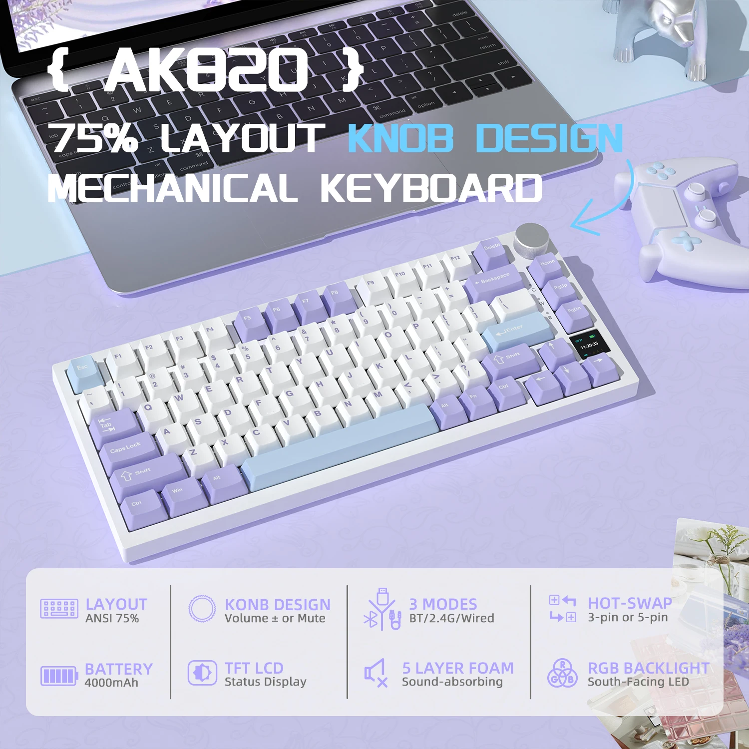 

AK820Pro Беспроводная механическая игровая клавиатура с возможностью горячей замены TFT-дисплей и ручка с RGB-подсветкой, 3-режимная прокладка, пользовательская клавиатура
