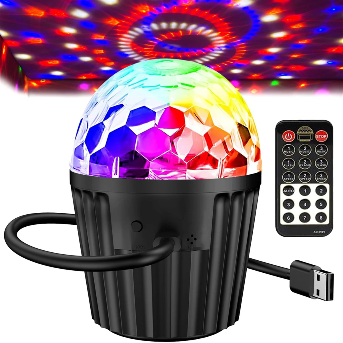 

Портативный мини-диско-шар A72P для стробоскопа RGB DJ с дистанционным управлением и USB-кабелем, активированным сценическим освещением
