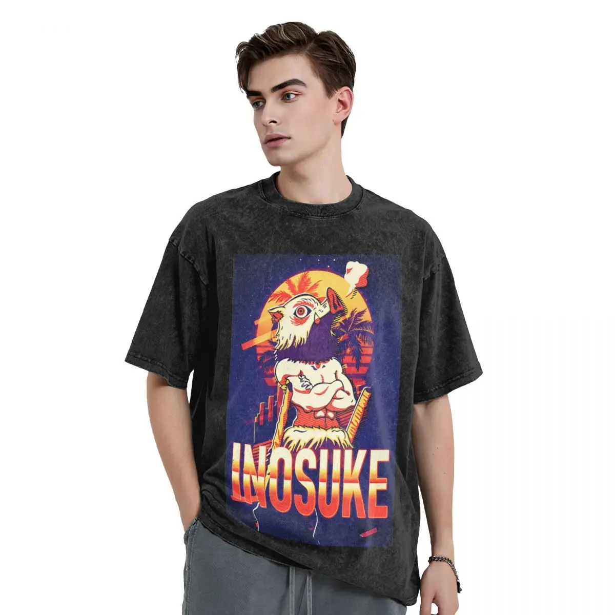 Inosuke Retro 80s T Shirt Washed Short Sleeve Harajuku T-Shirts Anime Demon Slayer Fashion Men Women Tops Summer Tee Shirt