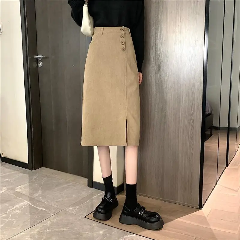 Corduroy Split Half Skirt for Women High Waist Slimming Mid Length Short Stature A-line Skirt Trendy