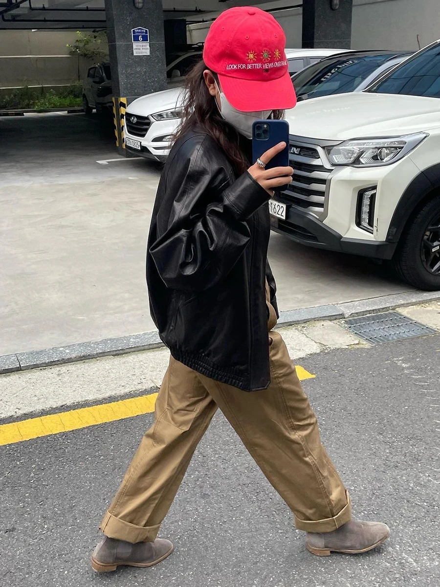 Bla Biker Jaet Lazy Sle Loose Fit oulder Sve Insert Design Retro Sensation Cappotto in pelle PU da donna Lungo Sve
