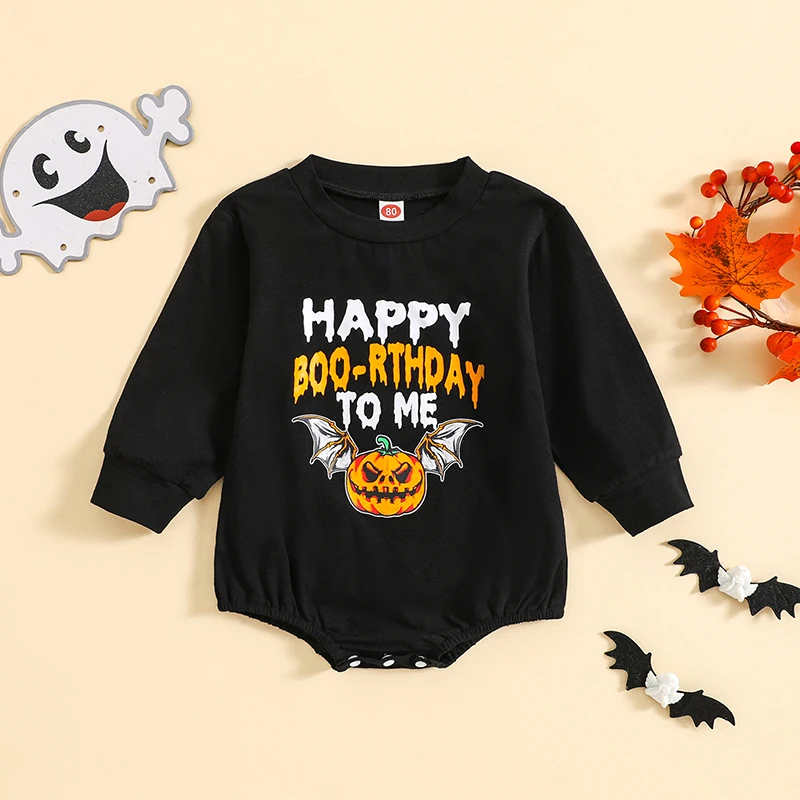 Toddler Boys Spooky Halloween Costume Infant Orange Short Sleeve Round Neck Ghost Print Romper Jumpsuit with Hat