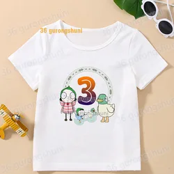 女の子と男の子のための漫画のTシャツ,3つの誕生日Tシャツ,子供服,Tシャツ,グラフィックTシャツ Sarah & Duck