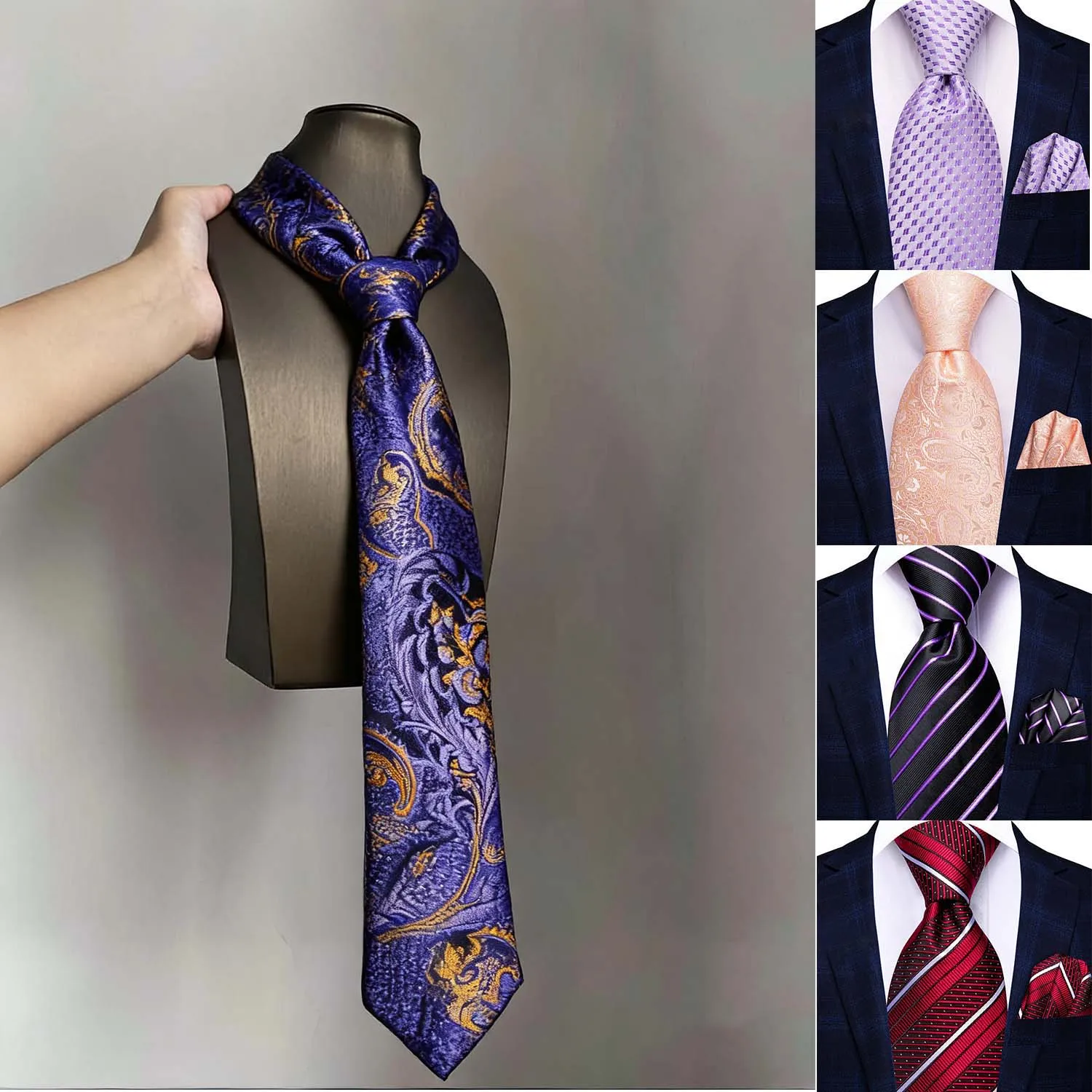 Red Pink Purple Classic Men Necktie & Pocket Square 2Pcs Set Formal Wedding silk Business Accessory